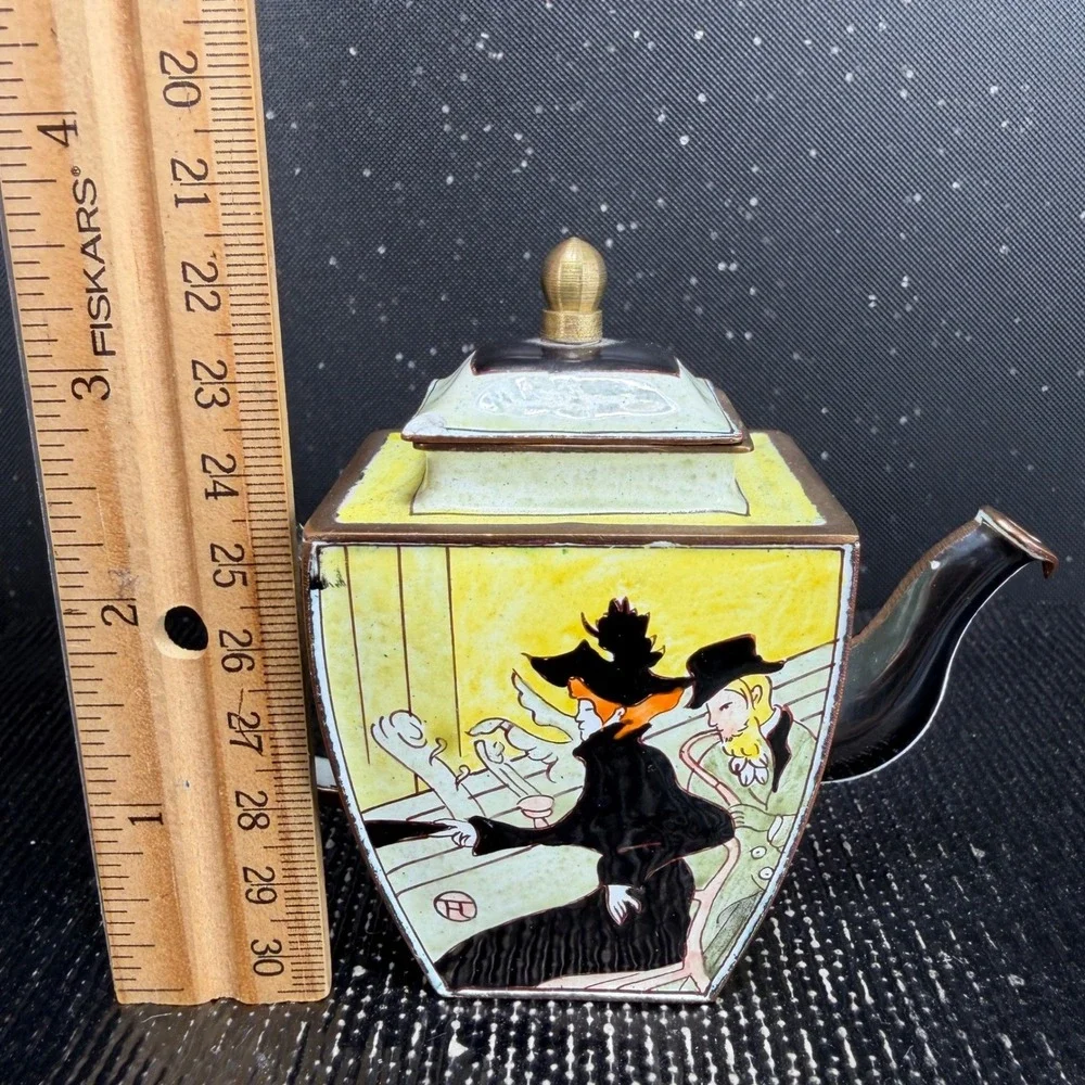 Kelvin Chen No 1064 Miniature Enameled Teapot Toulouse-Lautrec Art Yellow 3x4